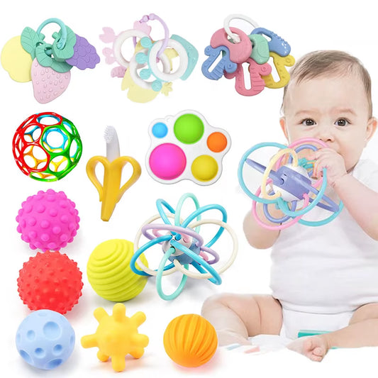 Baby Sensory Toys for 0–12 Months – Soft Silicone Rattle & Teether Set for Newborns | Chewable Developmental Toys for Infants